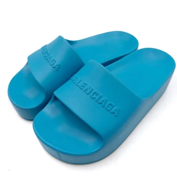 Balenciaga Blue Platform Rubber Slides Sandals Pool Beach Logo Sz 7 Women's - Picture 3 of 9